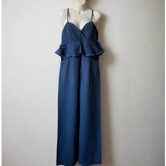 Anthropologie Denim Jumpsuit Womens Blue Sleeveless Peplum Ruffled Striped Long - Picture 2 of 9